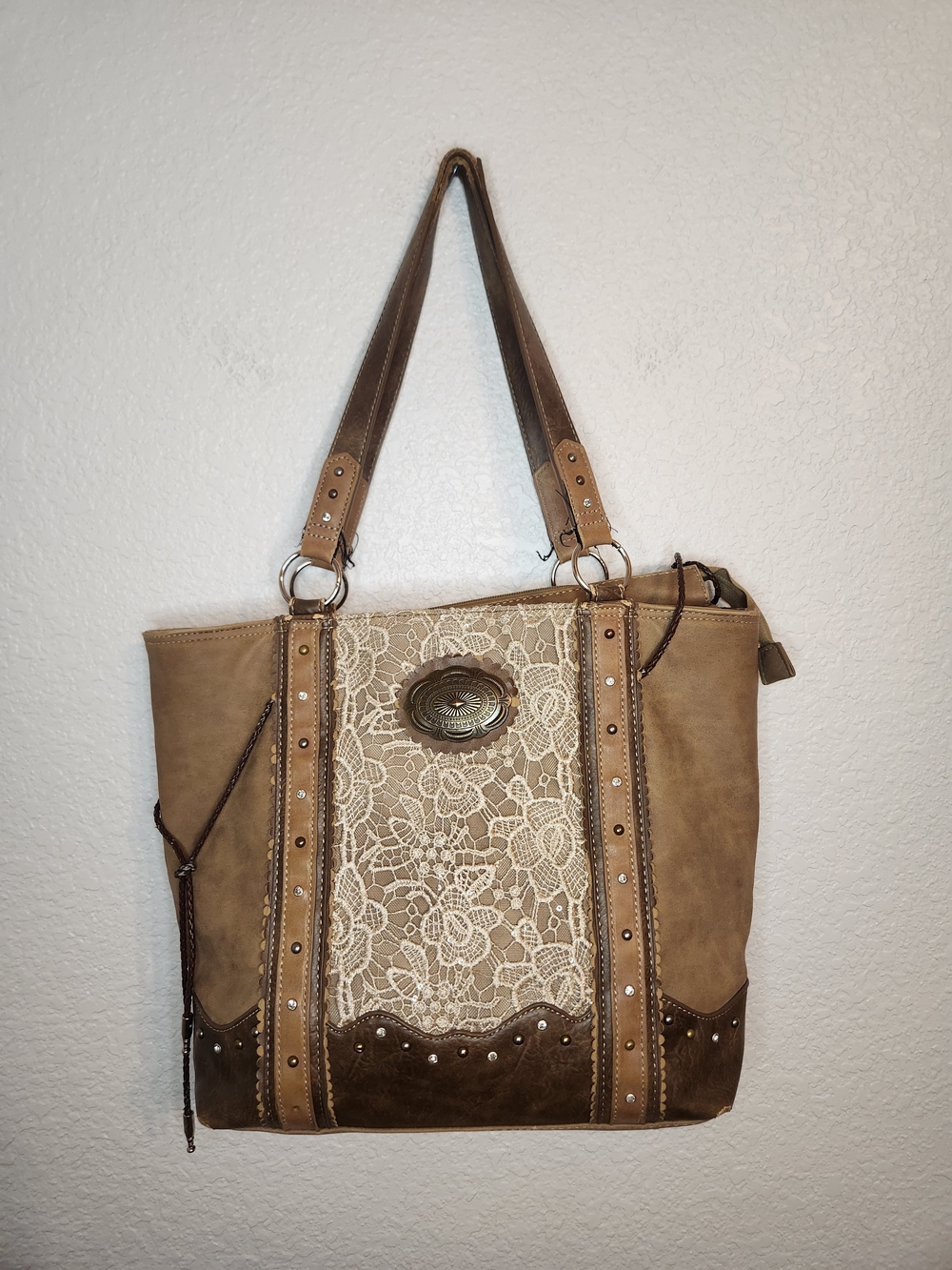 Justin Boot Barn Concealed Carry Lace Inlay leather Brown Tan Tote Bag Purse